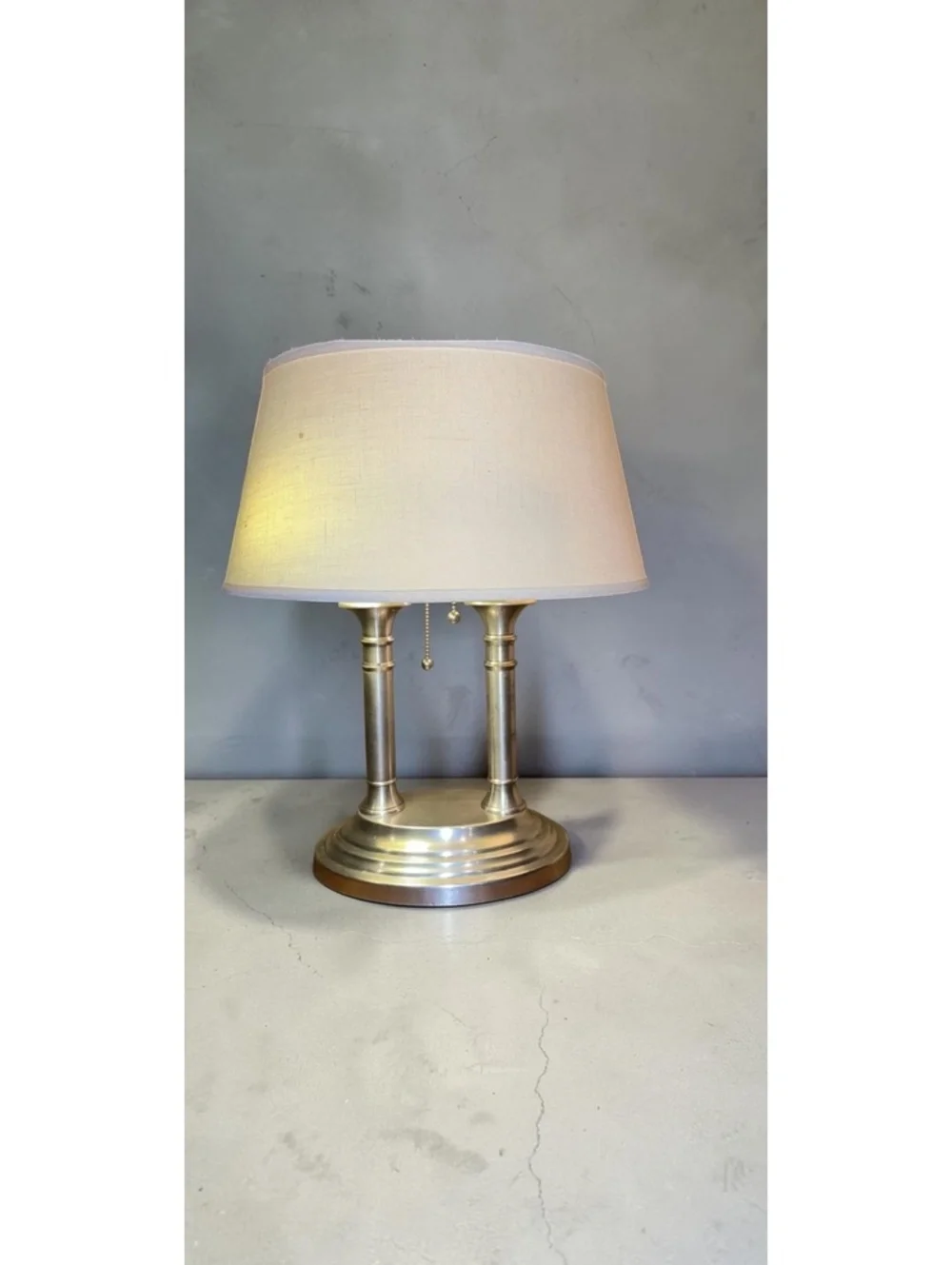 Vintage Pottery Barn Brushed Nickel Twin Column Table Lamp w/ Original Shade